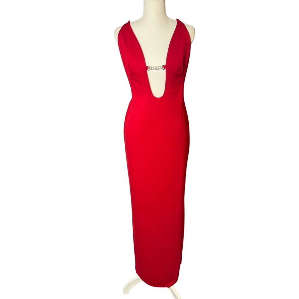 1001 Nights Red Deep Plunge Rhinestone Maxi Dress Vintage Open Back Gown Size 8